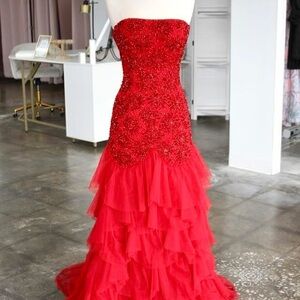 Elegant Strapless Red Beaded Ruffle Gown